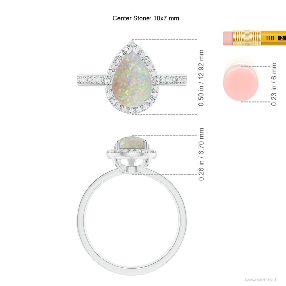 10x7mm AAA Prong-Set Pear-Shaped Opal Ring with Beaded Halo in White Gold ruler
