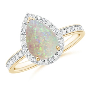 10x7mm AAA Prong-Set Pear-Shaped Opal Ring with Beaded Halo in Yellow Gold