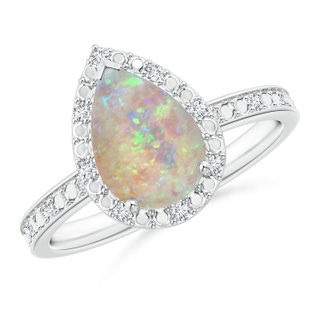 10x7mm AAAA Prong-Set Pear-Shaped Opal Ring with Beaded Halo in 9K White Gold