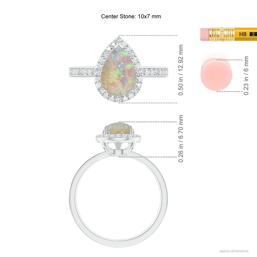 10x7mm AAAA Prong-Set Pear-Shaped Opal Ring with Beaded Halo in White Gold Ruler