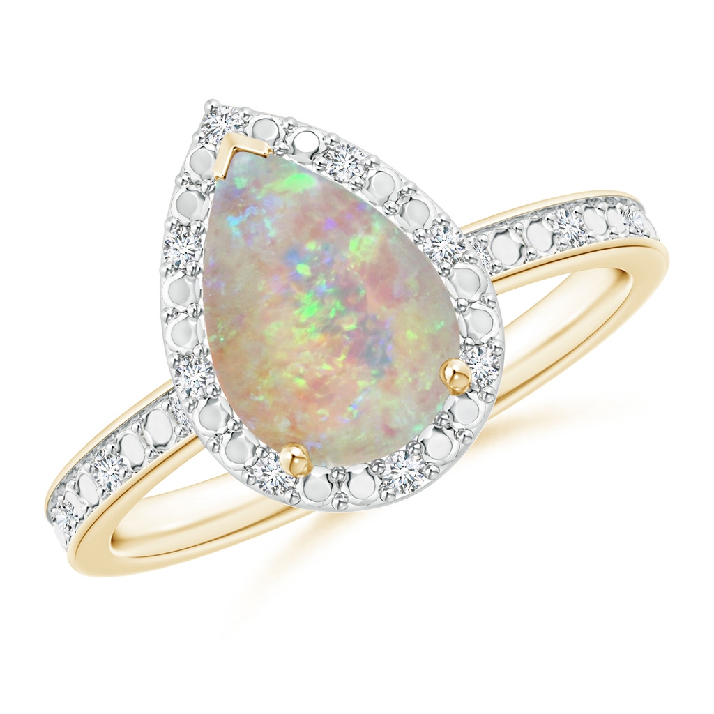 10x7mm AAAA Prong-Set Pear-Shaped Opal Ring with Beaded Halo in Yellow Gold