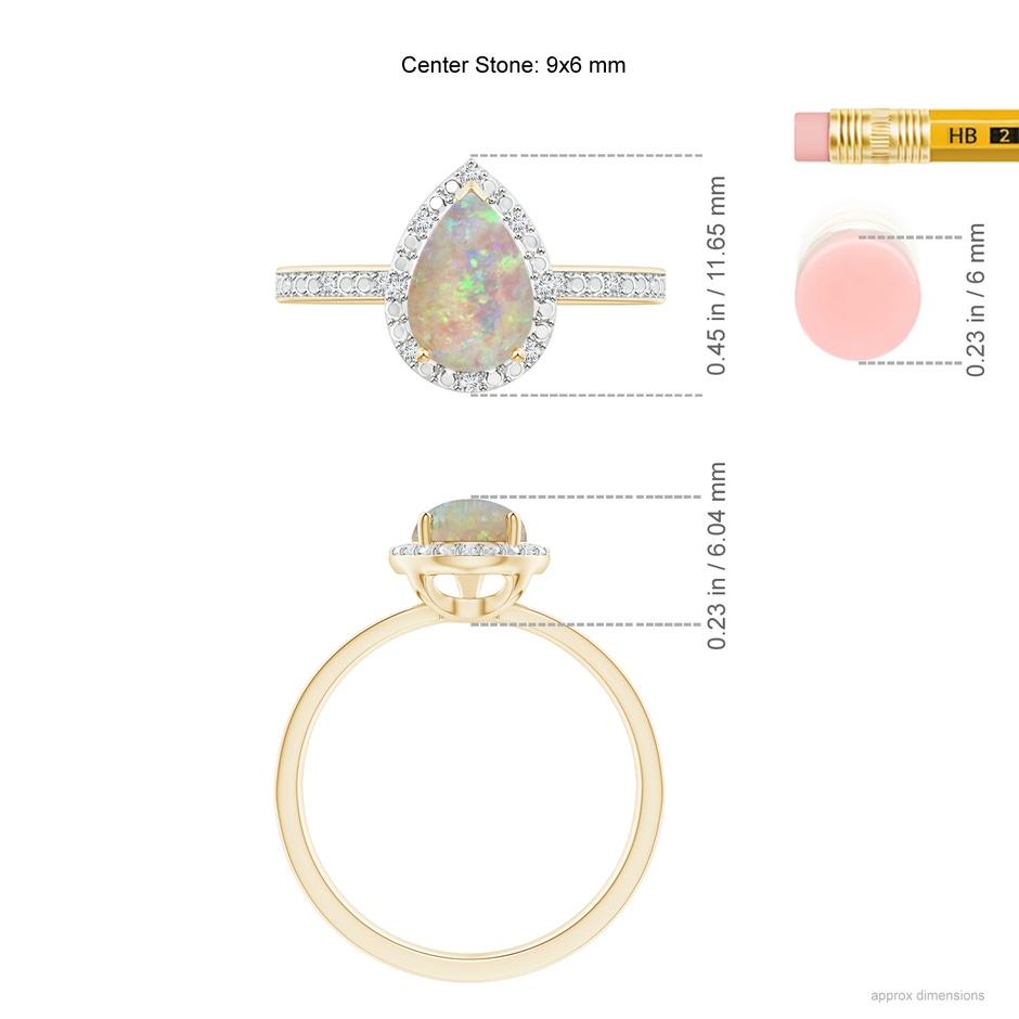9x6mm AAAA Prong-Set Pear-Shaped Opal Ring with Beaded Halo in Yellow Gold ruler