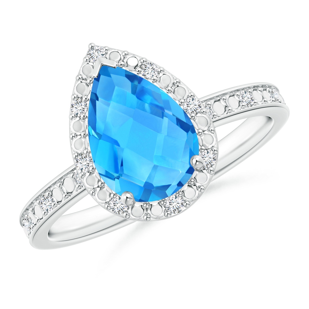 10x7mm AAA Prong-Set Pear Swiss Blue Topaz Ring with Beaded Halo in 18K White Gold