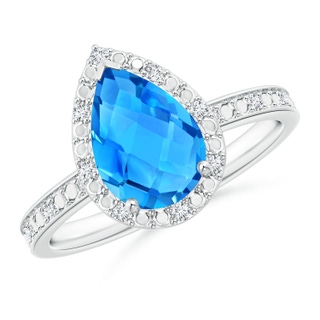 10x7mm AAAA Prong-Set Pear Swiss Blue Topaz Ring with Beaded Halo in White Gold
