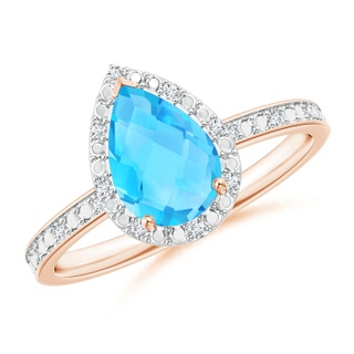 9x6mm A Prong-Set Pear Swiss Blue Topaz Ring with Beaded Halo in Rose Gold