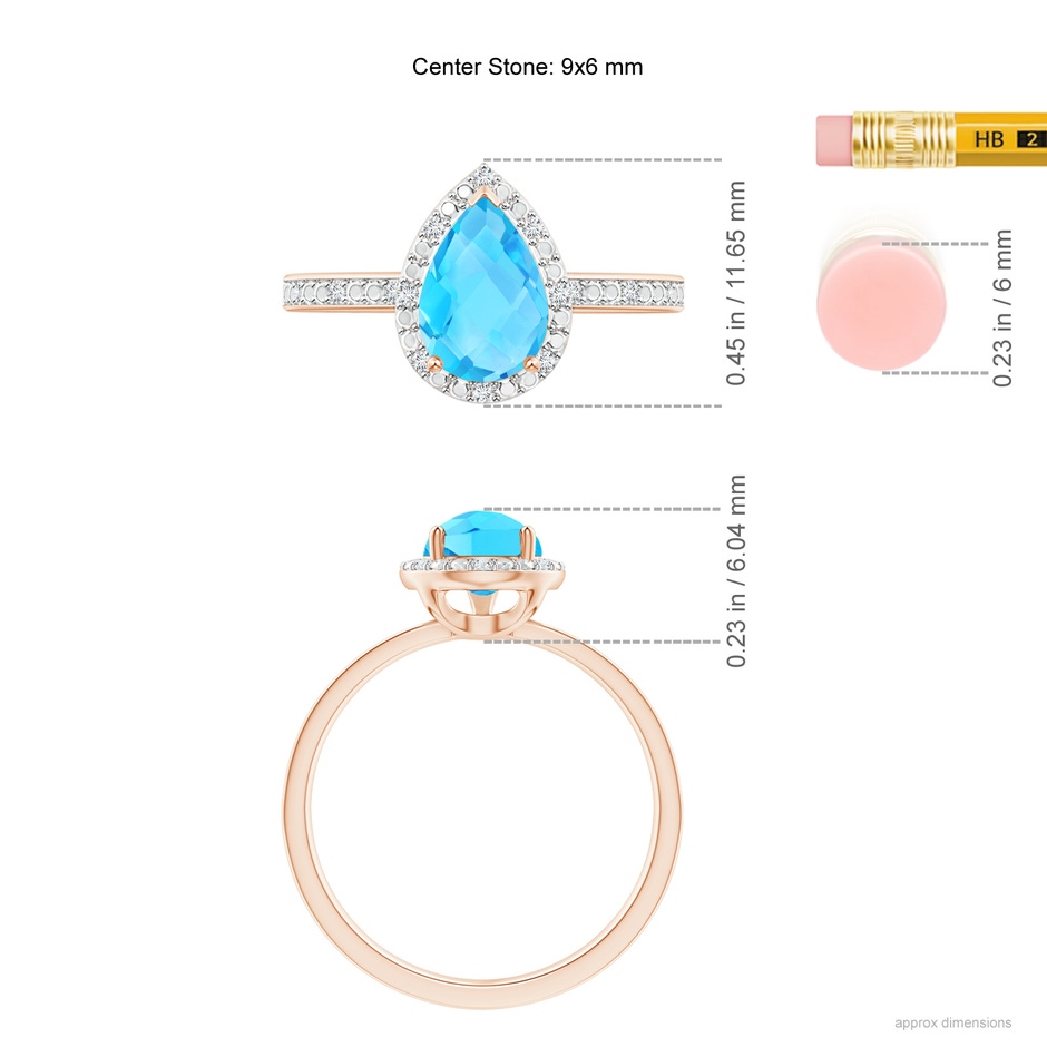 9x6mm A Prong-Set Pear Swiss Blue Topaz Ring with Beaded Halo in Rose Gold ruler