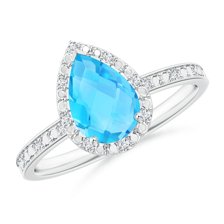 9x6mm A Prong-Set Pear Swiss Blue Topaz Ring with Beaded Halo in White Gold 