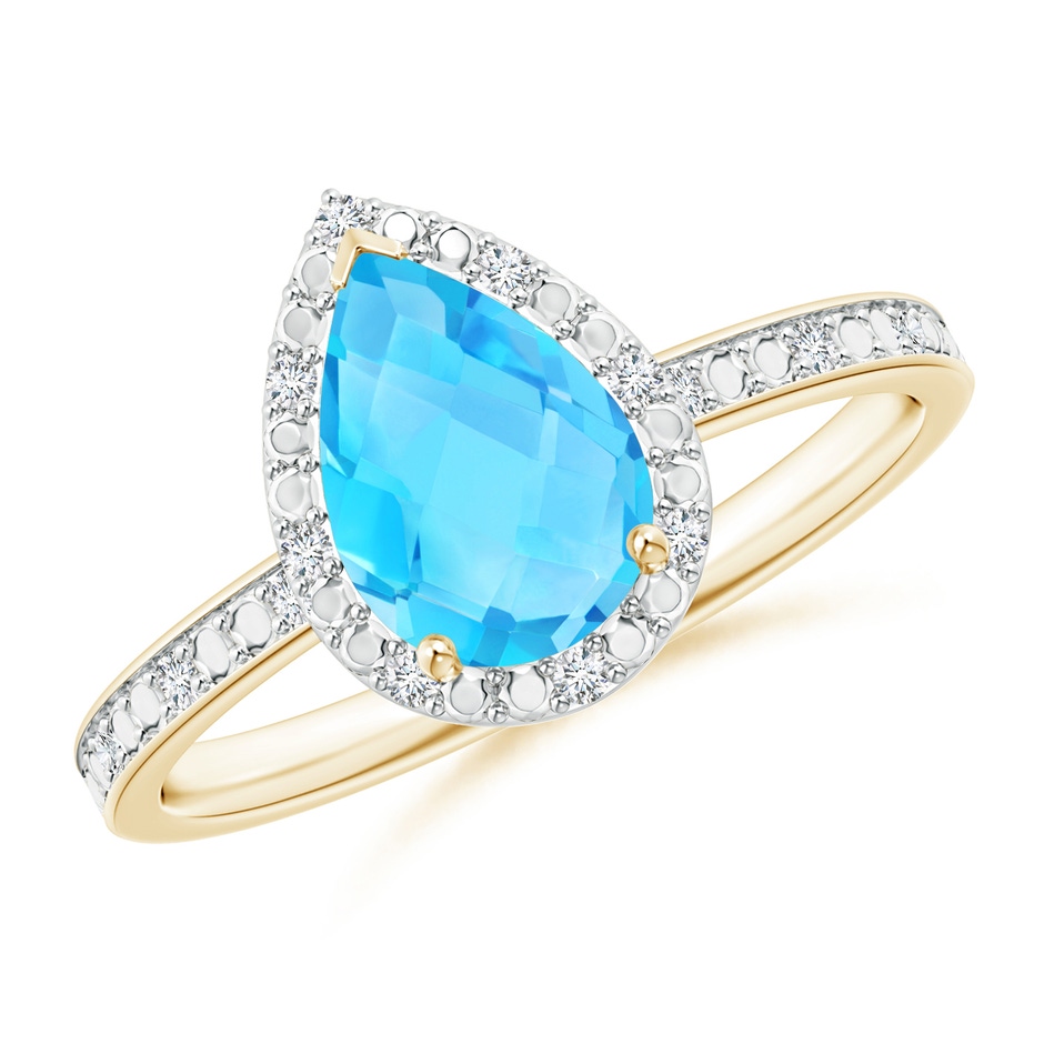 9x6mm A Prong-Set Pear Swiss Blue Topaz Ring with Beaded Halo in Yellow Gold 
