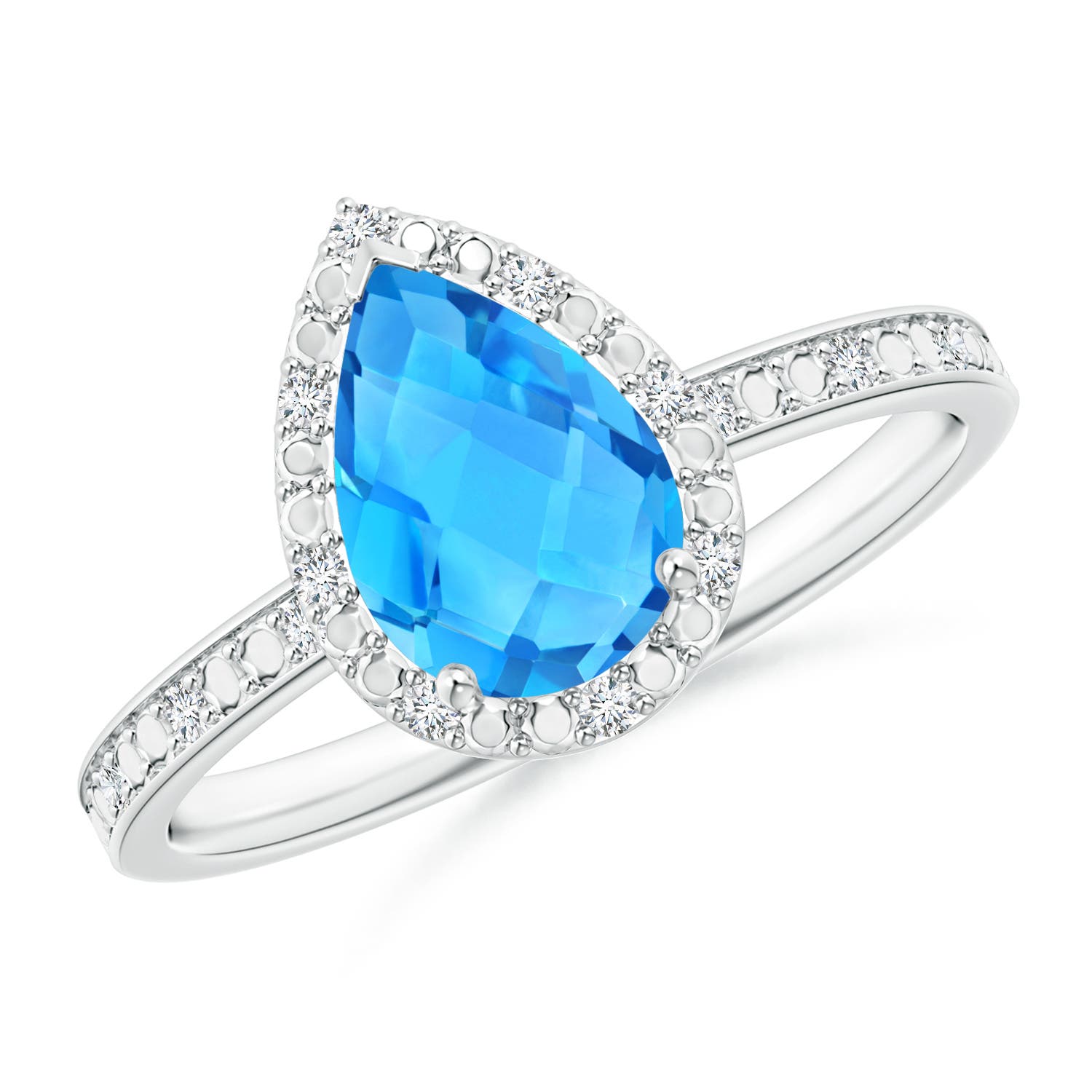 Prong-Set Pear Swiss Blue Topaz Ring with Beaded Halo