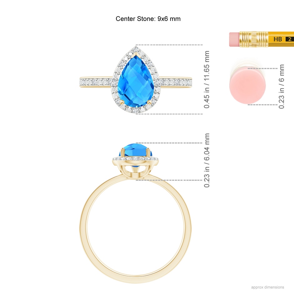 9x6mm AAAA Prong-Set Pear Swiss Blue Topaz Ring with Beaded Halo in Yellow Gold ruler