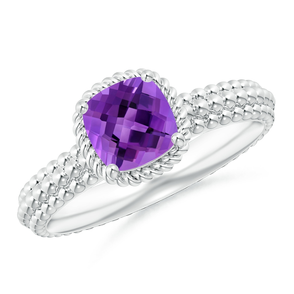 6mm AAA Amethyst Beaded Shank Ring with Twisted Wire Halo in White Gold