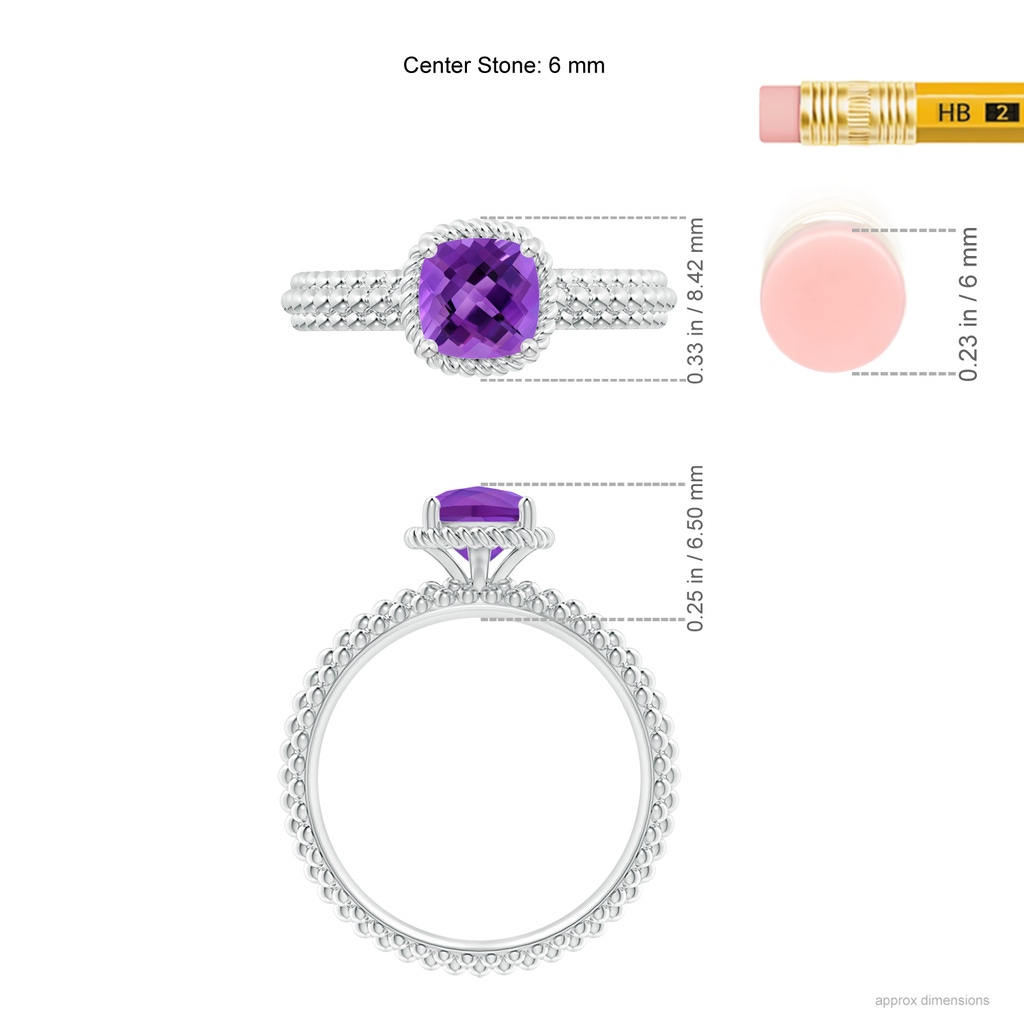 6mm AAA Amethyst Beaded Shank Ring with Twisted Wire Halo in White Gold Ruler