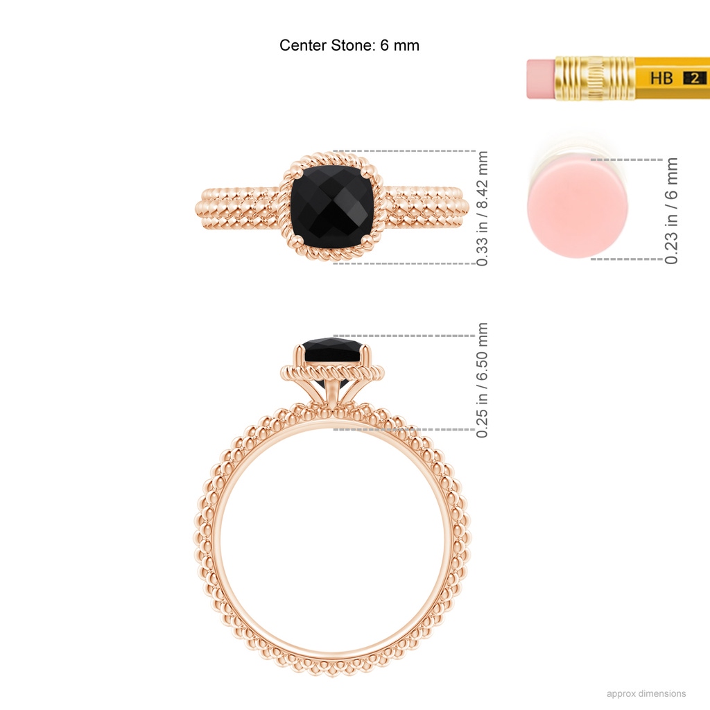 6mm AAA Black Onyx Beaded Shank Ring with Twisted Wire Halo in Rose Gold Ruler