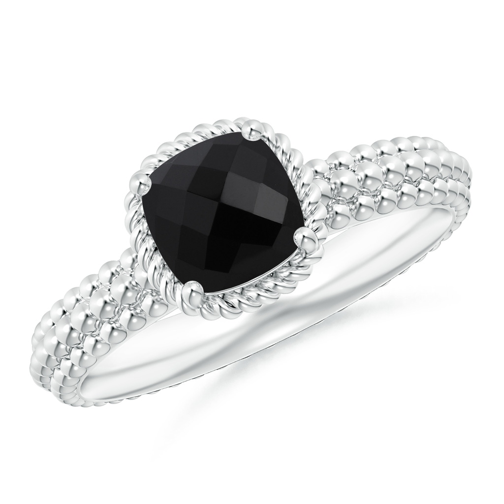 6mm AAA Black Onyx Beaded Shank Ring with Twisted Wire Halo in White Gold