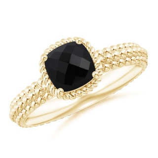 6mm AAA Black Onyx Beaded Shank Ring with Twisted Wire Halo in Yellow Gold