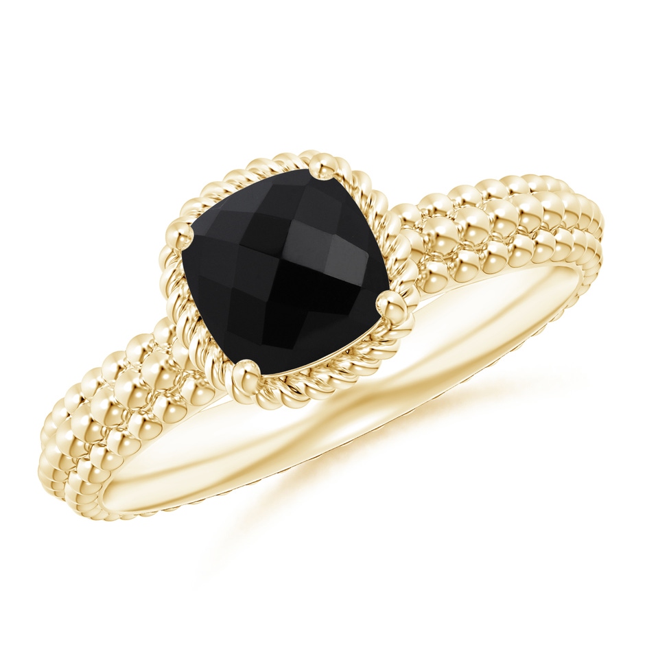 6mm AAA Black Onyx Beaded Shank Ring with Twisted Wire Halo in Yellow Gold 