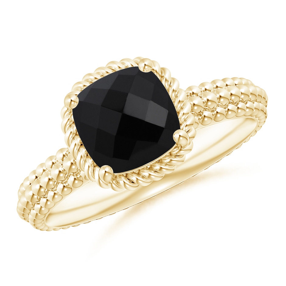 7mm AAA Black Onyx Beaded Shank Ring with Twisted Wire Halo in Yellow Gold 
