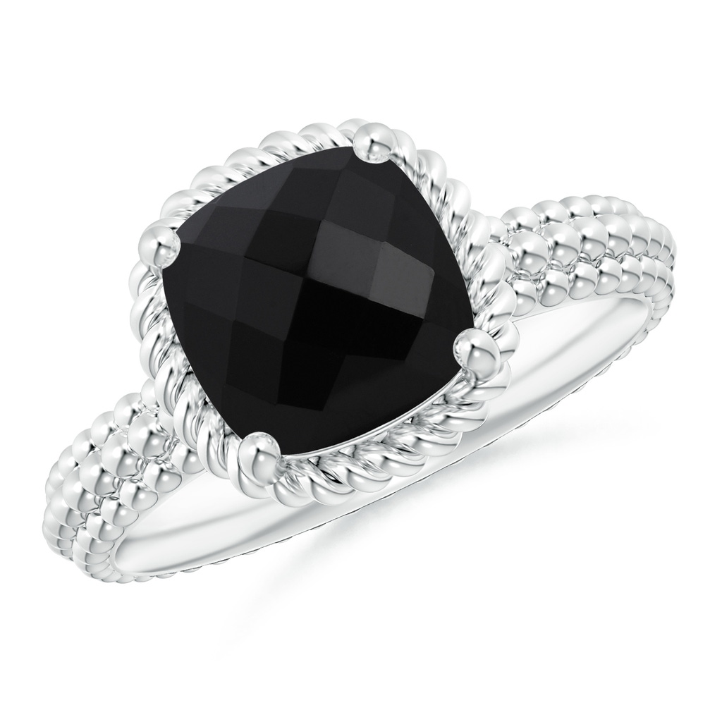 8mm AAA Black Onyx Beaded Shank Ring with Twisted Wire Halo in White Gold