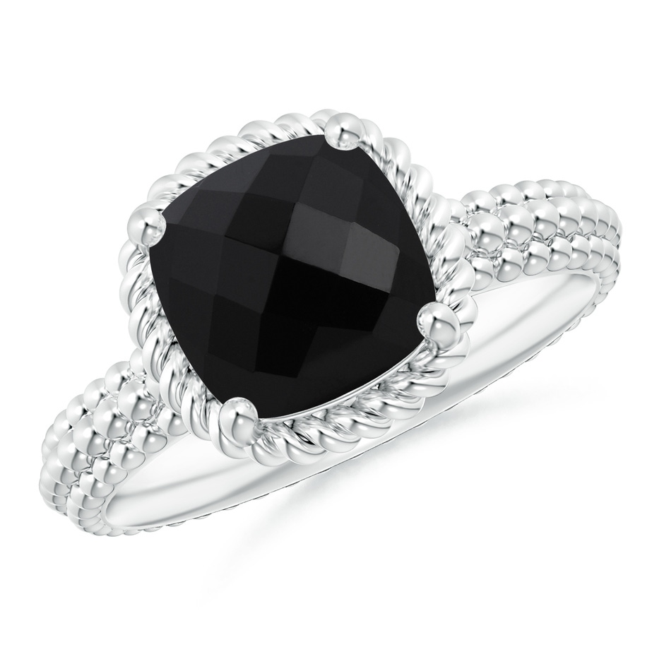 8mm AAA Black Onyx Beaded Shank Ring with Twisted Wire Halo in White Gold 