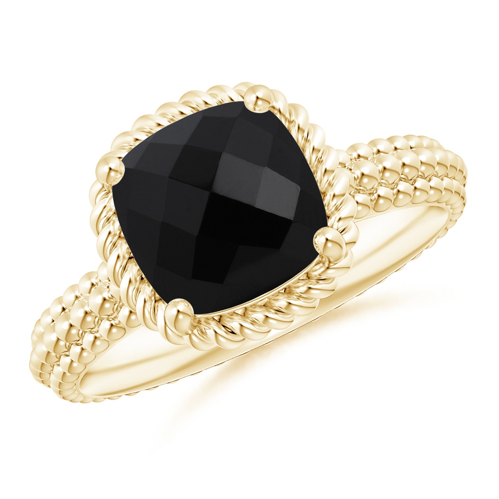 8mm AAA Black Onyx Beaded Shank Ring with Twisted Wire Halo in Yellow Gold