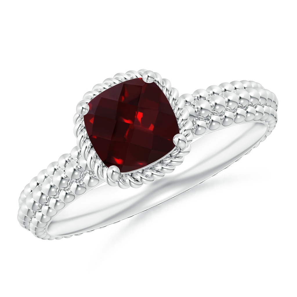 6mm AAAA Garnet Beaded Shank Ring with Twisted Wire Halo in White Gold