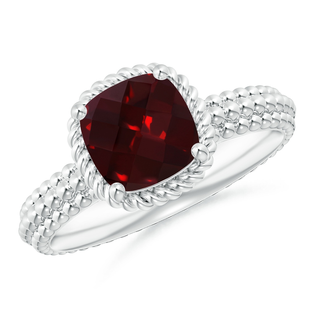 7mm AAAA Garnet Beaded Shank Ring with Twisted Wire Halo in White Gold