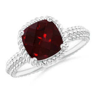 8mm AAAA Garnet Beaded Shank Ring with Twisted Wire Halo in White Gold