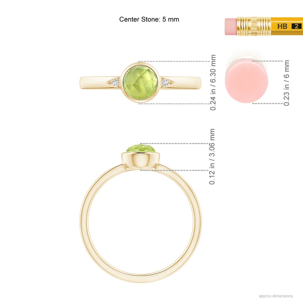 5mm AAA Bezel-Set Round Peridot Ring with Diamond Accents in Yellow Gold Ruler