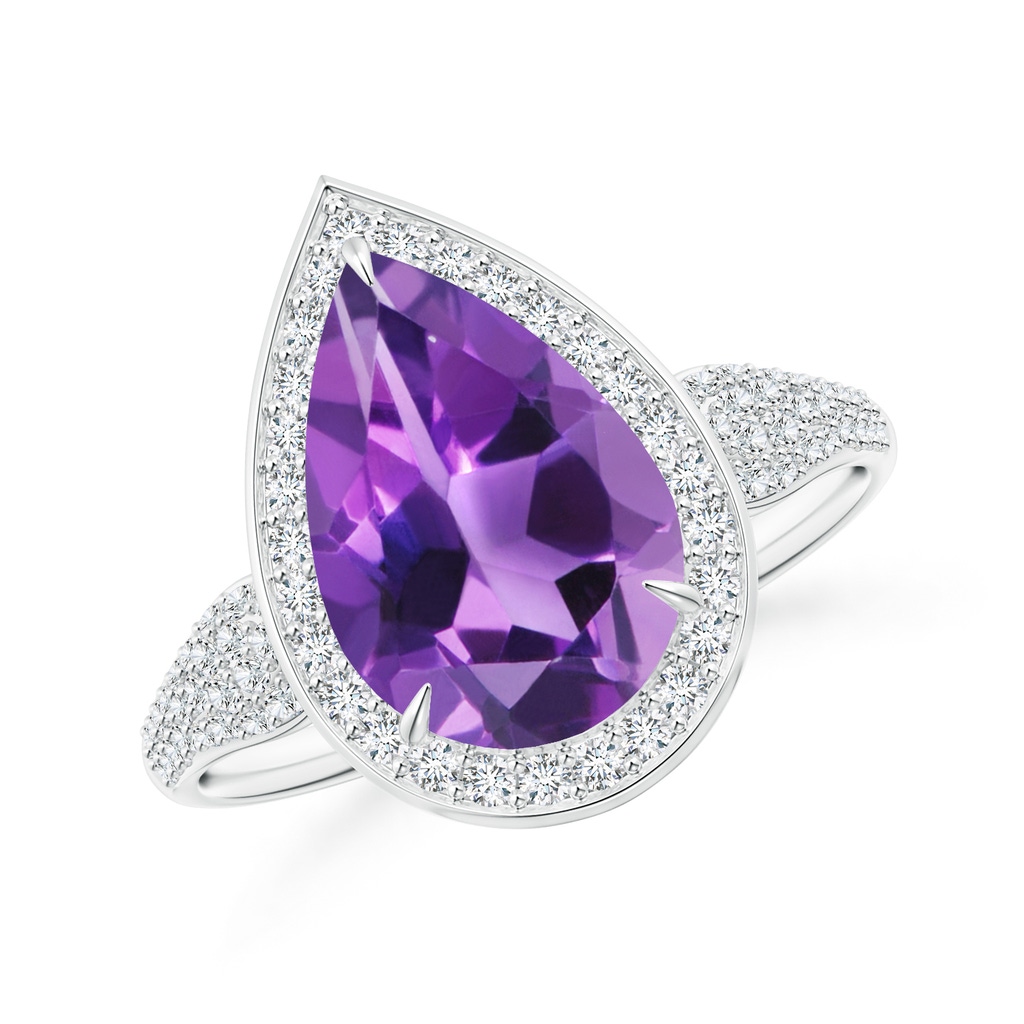 12x8mm AAA Claw-Set Pear Amethyst Cocktail Halo Ring with Diamonds in White Gold