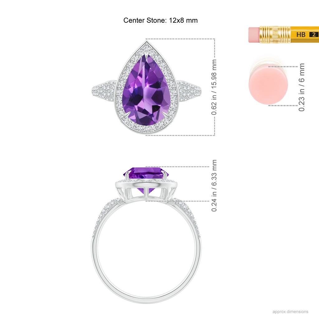 12x8mm AAA Claw-Set Pear Amethyst Cocktail Halo Ring with Diamonds in White Gold Ruler