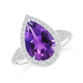 12x8mm AAAA Claw-Set Pear Amethyst Cocktail Halo Ring with Diamonds in P950 Platinum