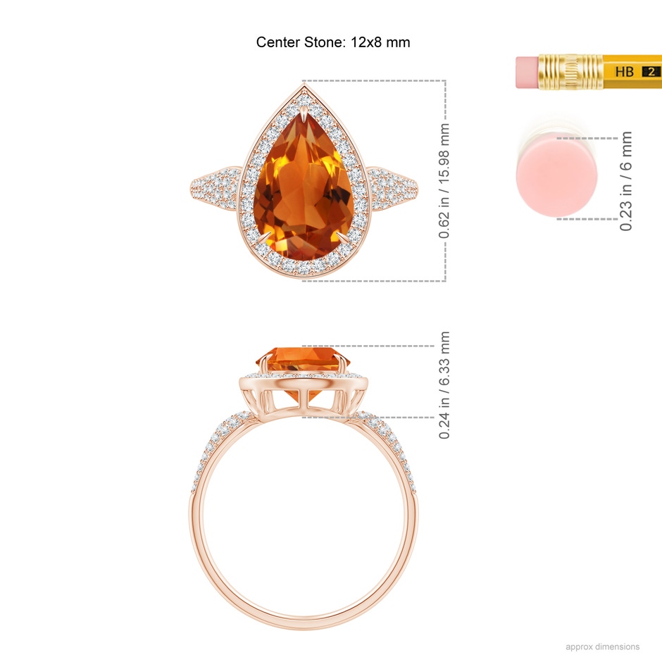 12x8mm AAAA Claw-Set Pear Citrine Cocktail Halo Ring with Diamonds in Rose Gold ruler