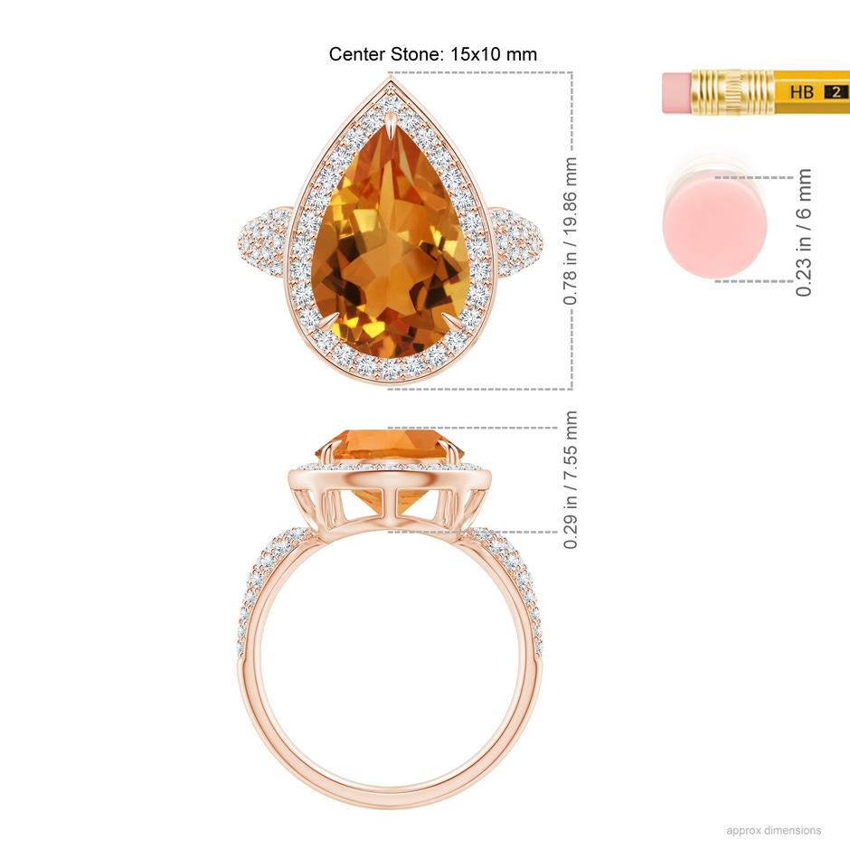 15x10mm AAA Claw-Set Pear Citrine Cocktail Halo Ring with Diamonds in Rose Gold ruler