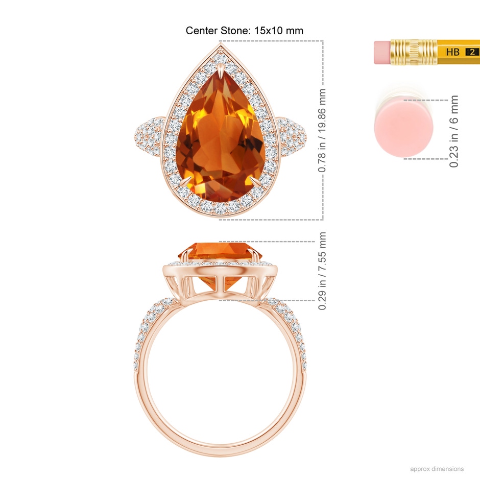 15x10mm AAAA Claw-Set Pear Citrine Cocktail Halo Ring with Diamonds in Rose Gold ruler