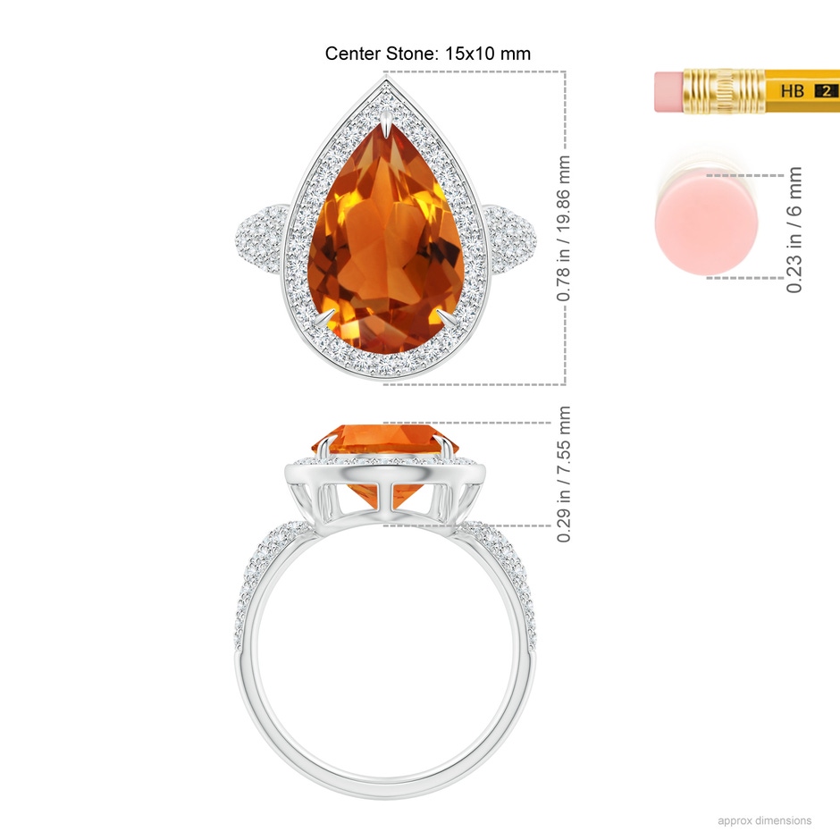 15x10mm AAAA Claw-Set Pear Citrine Cocktail Halo Ring with Diamonds in White Gold ruler