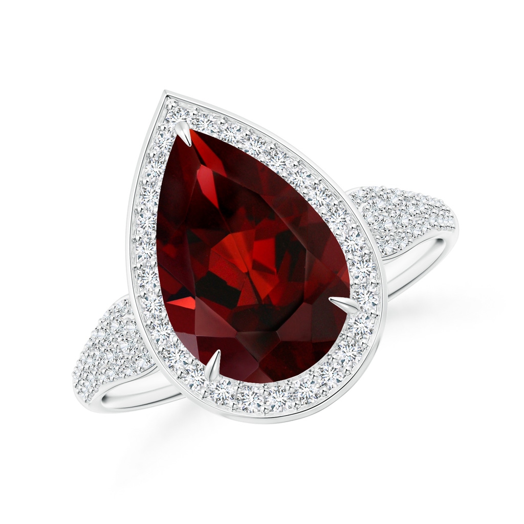 12x8mm AAA Claw-Set Pear Garnet Cocktail Halo Ring with Diamonds in White Gold