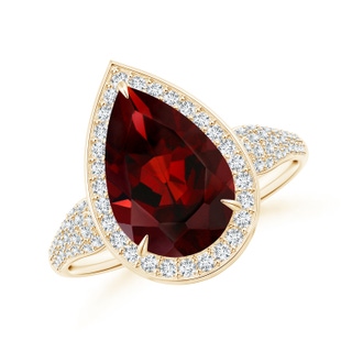 12x8mm AAA Claw-Set Pear Garnet Cocktail Halo Ring with Diamonds in Yellow Gold