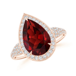 12x8mm AAAA Claw-Set Pear Garnet Cocktail Halo Ring with Diamonds in Rose Gold