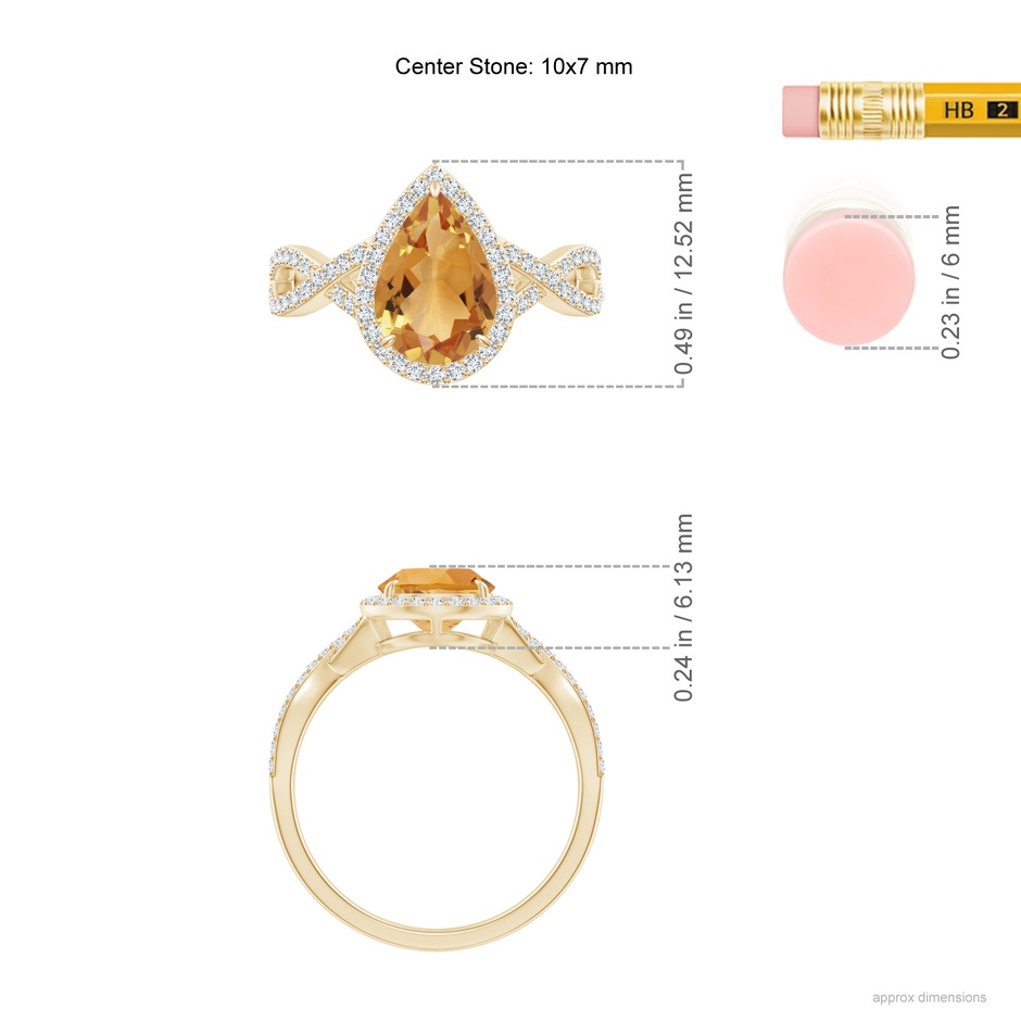 10x7mm A Pear Citrine Twisted Split Shank Cocktail Ring in Yellow Gold ruler