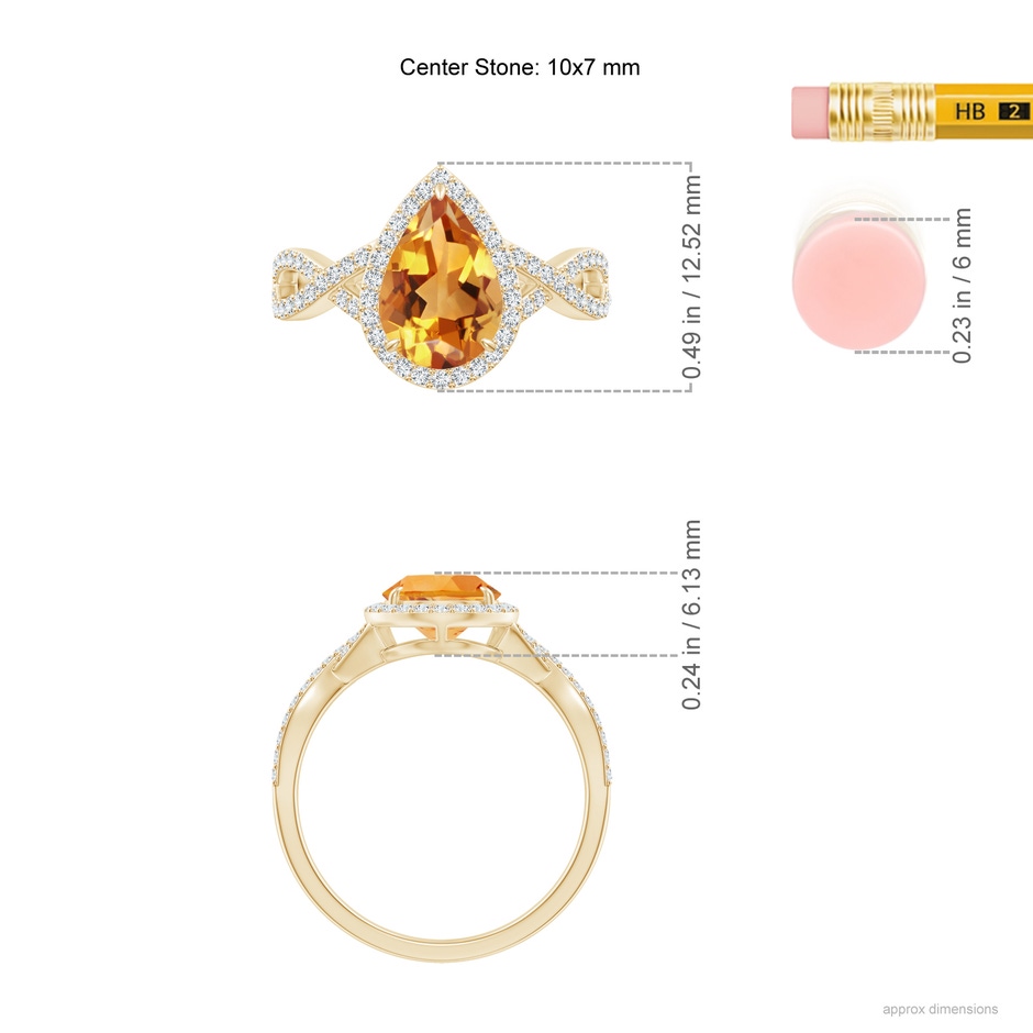 10x7mm AA Pear Citrine Twisted Split Shank Cocktail Ring in Yellow Gold ruler