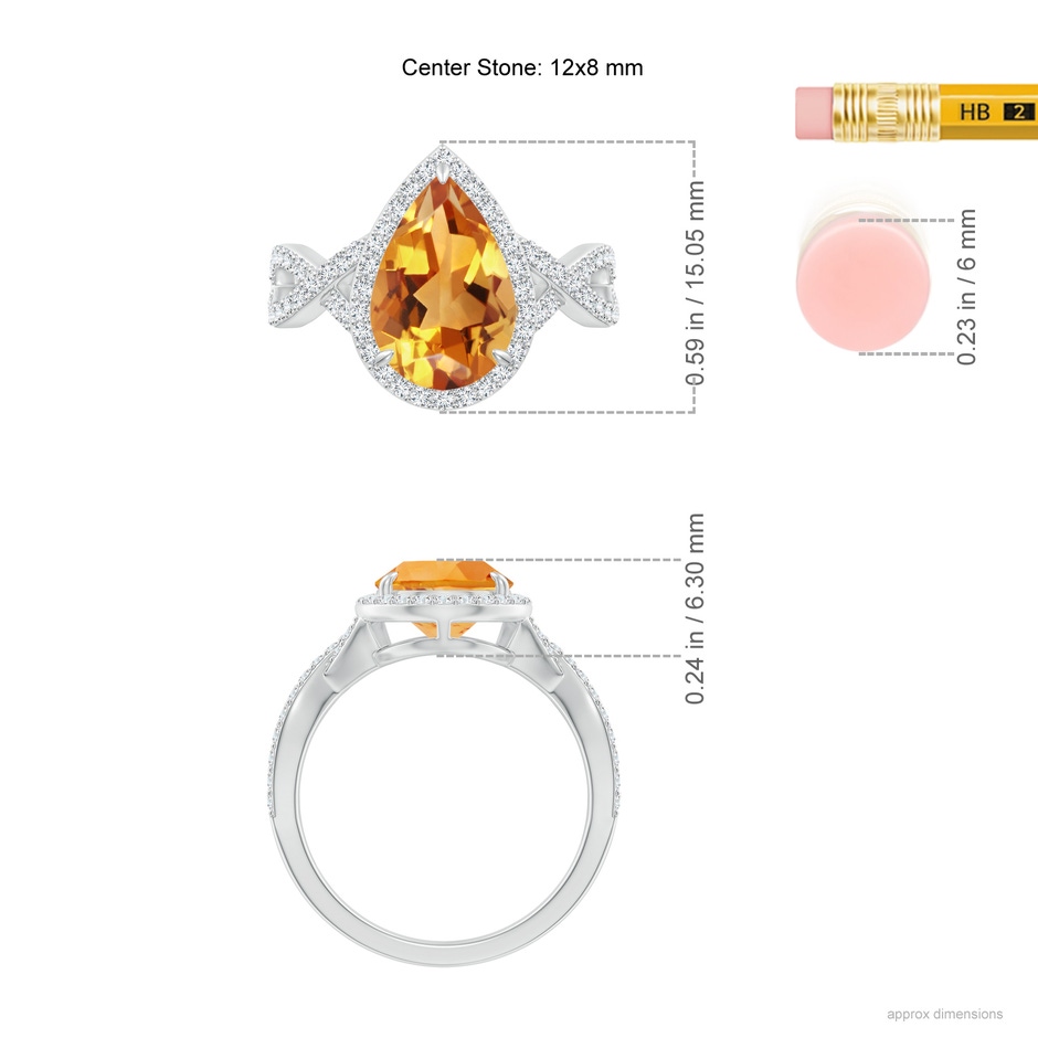 12x8mm AA Pear Citrine Twisted Split Shank Cocktail Ring in White Gold ruler
