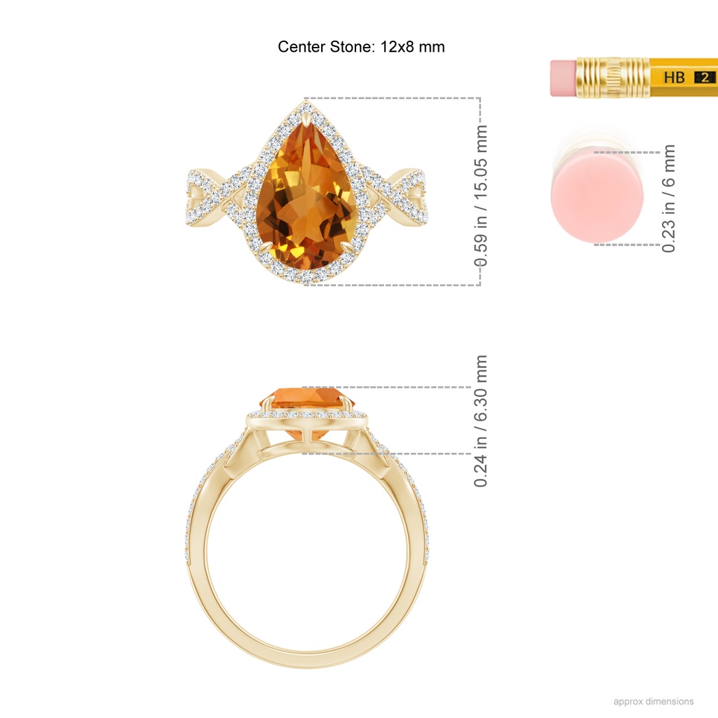 12x8mm AAA Pear Citrine Twisted Split Shank Cocktail Ring in Yellow Gold Ruler