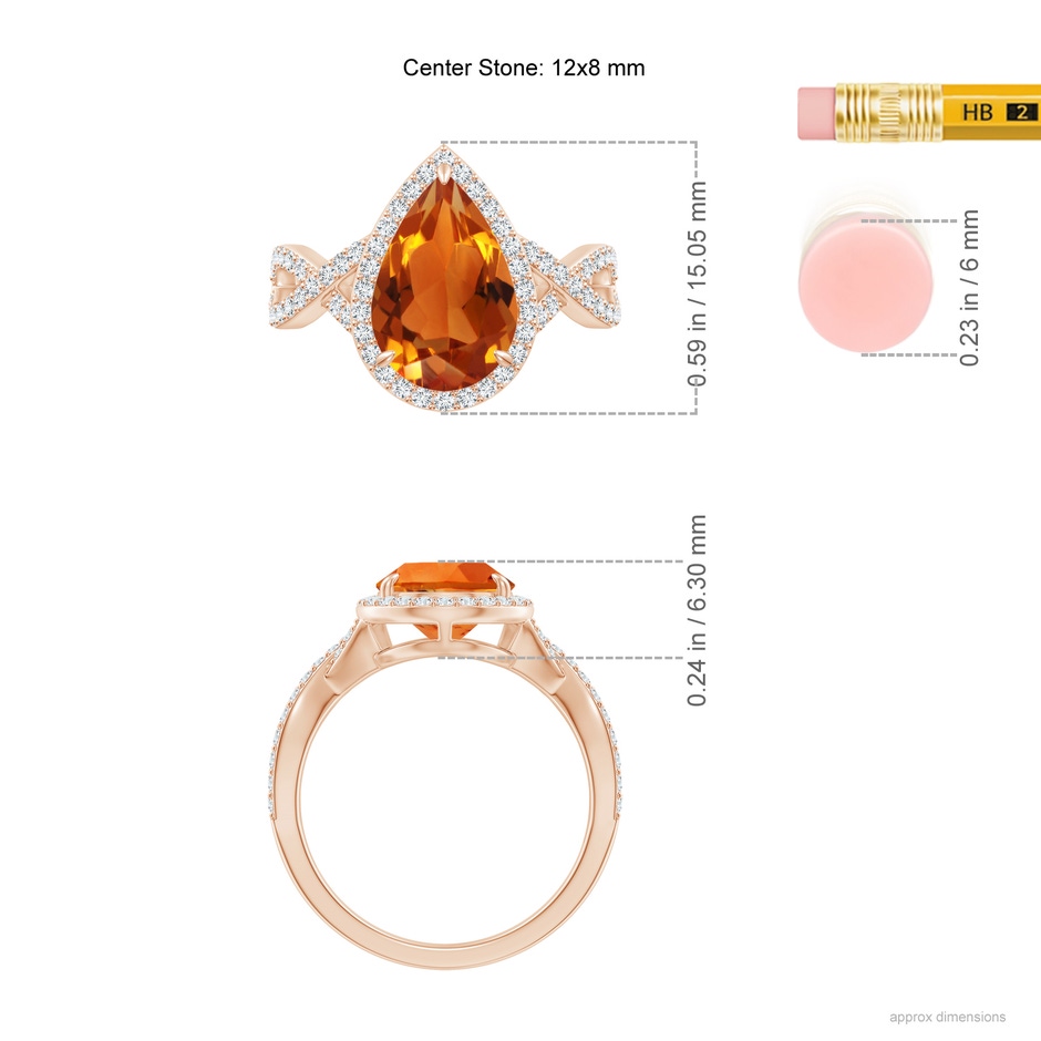12x8mm AAAA Pear Citrine Twisted Split Shank Cocktail Ring in Rose Gold ruler
