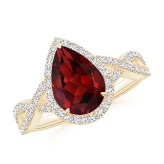 10x7mm AAAA Pear Garnet Twisted Split Shank Cocktail Ring in Yellow Gold