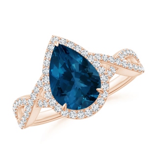 10x7mm AAA Pear London Blue Topaz Twisted Split Shank Cocktail Ring in 9K Rose Gold