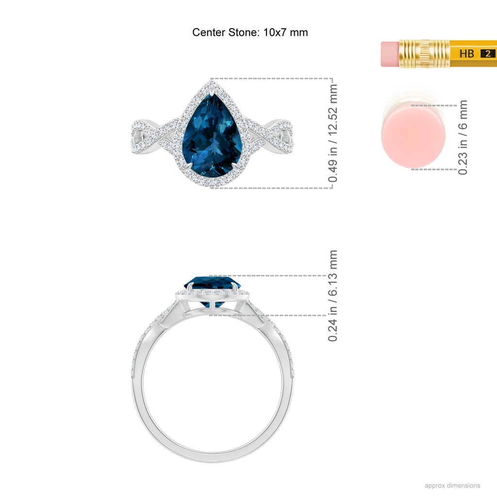 10x7mm AAAA Pear London Blue Topaz Twisted Split Shank Cocktail Ring in P950 Platinum Ruler