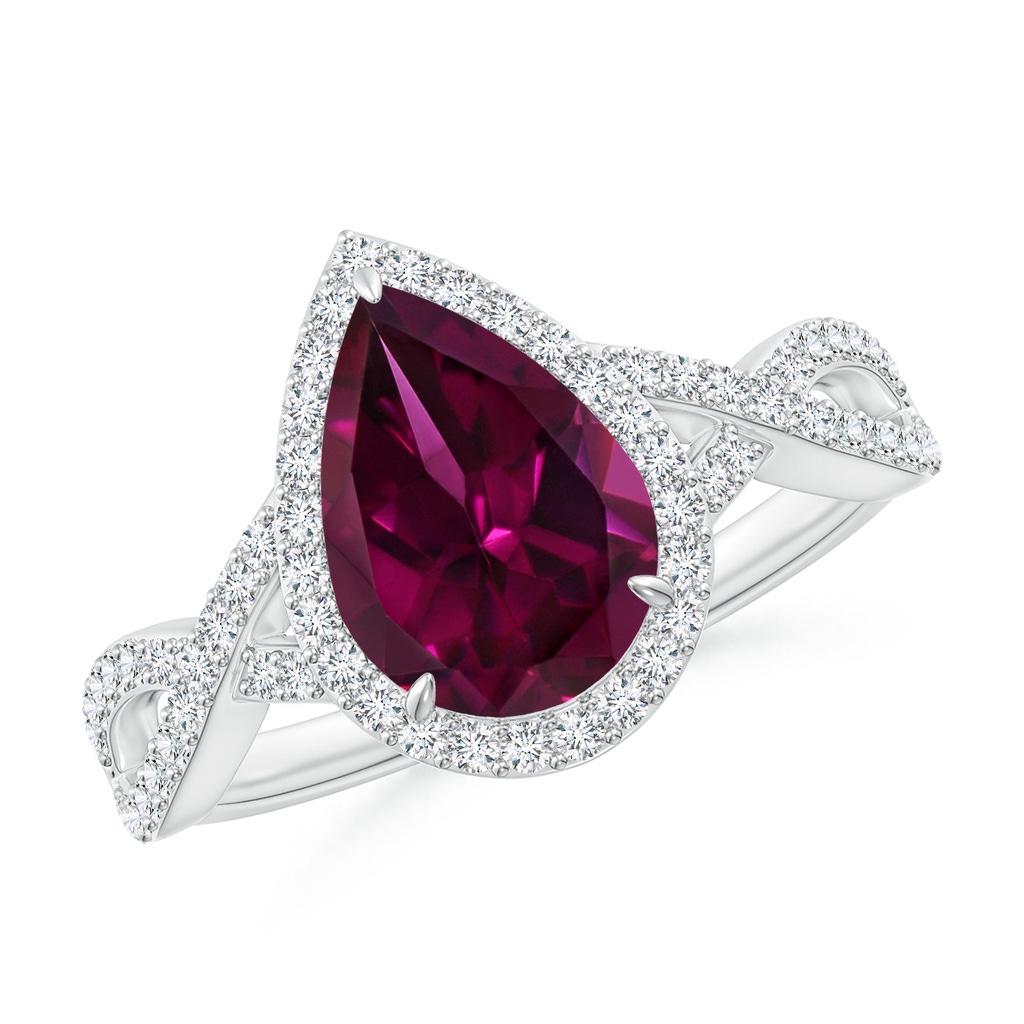 10x7mm AAAA Pear Rhodolite Twisted Split Shank Cocktail Ring in P950 Platinum