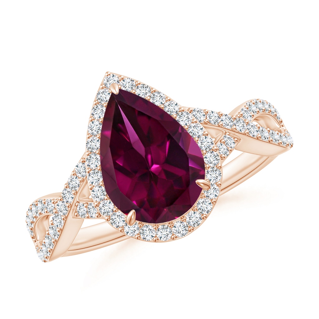 10x7mm AAAA Pear Rhodolite Twisted Split Shank Cocktail Ring in Rose Gold