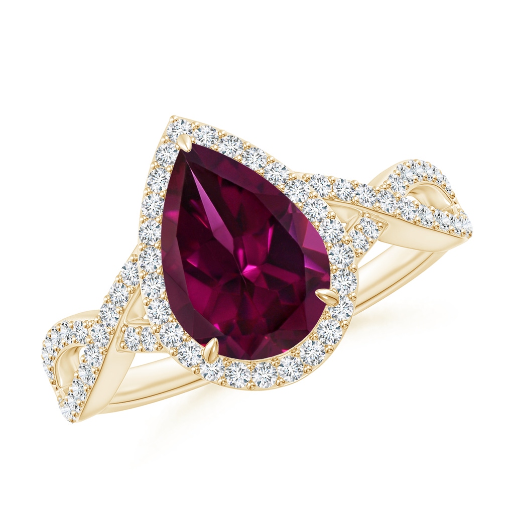 10x7mm AAAA Pear Rhodolite Twisted Split Shank Cocktail Ring in Yellow Gold