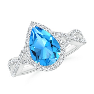 10x7mm AAAA Pear Swiss Blue Topaz Twisted Split Shank Cocktail Ring in White Gold